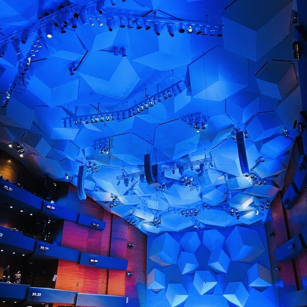 Poster Orchestra Hall is bathed in blue light