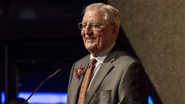 Poster Mondale speaks during a birthday celebration for his 90th birthday.